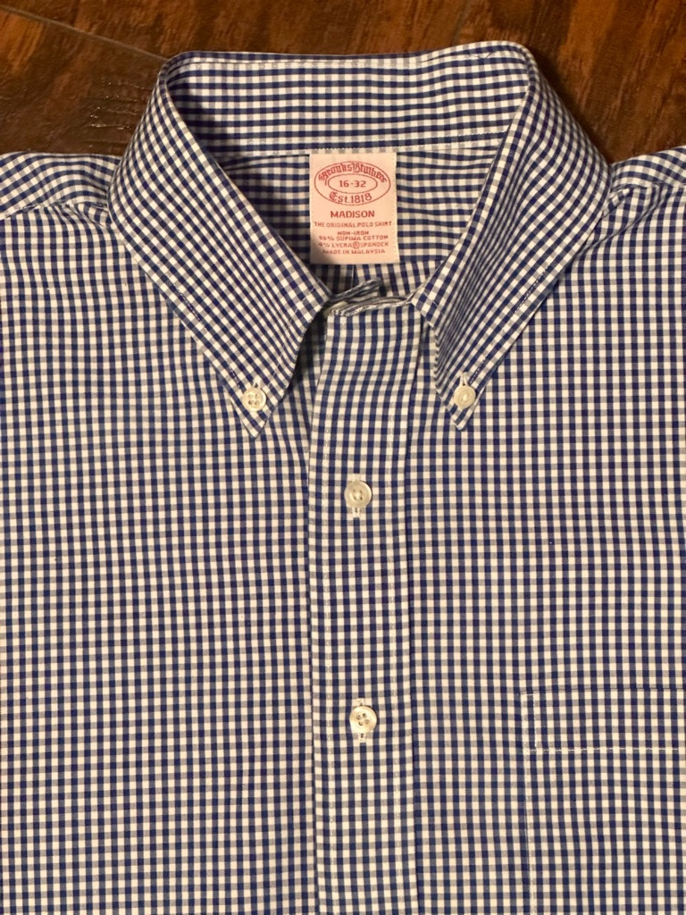 Brooks Brothers Shirt Madison Men's 16-32  Blue‎ White Gingham Non-Iron EUC